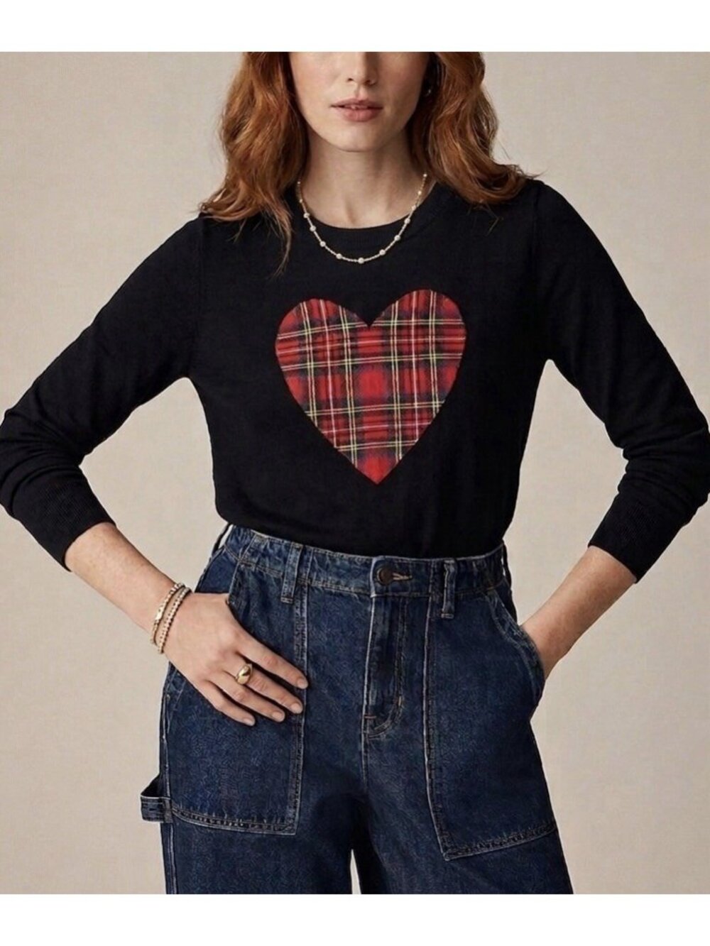 J Crew Tartan Plaid Heart Novelty Sweater Black Size Medium Preppy Scandi NWT